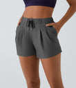 High Waisted Elastic Waistband Drawstring Pleated Yoga Shorts 3" with Pockets - Dark Jade Grey