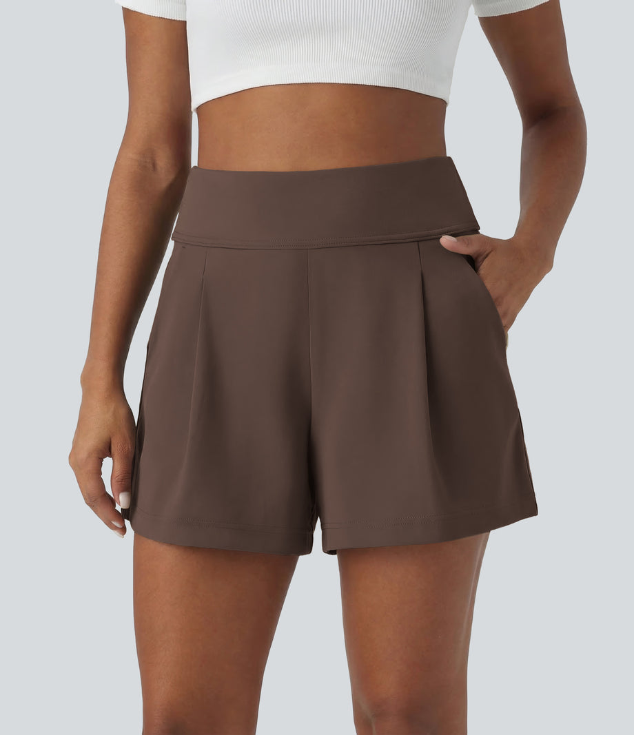 DayStretch High Waisted Work Baggy Shorts 4'' with Pockets - Chocolate Martini