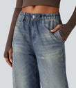 Mid Rise Denim Print French Terry Casual Sweatpants Jeans with Pockets - Dutch Blue Denim