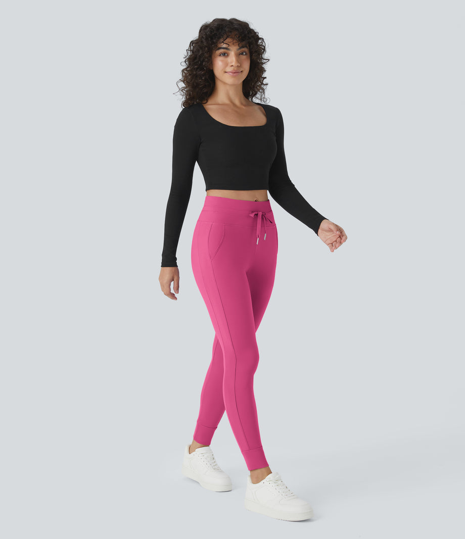 SoftlyZero™ Plush High Waisted Drawstring Pocket Plain Full Length Joggers - Fuchsia Purple