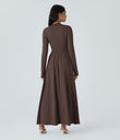 Mock-neck Long Sleeve Pocket Flare Maxi Casual Dress - Chestnut