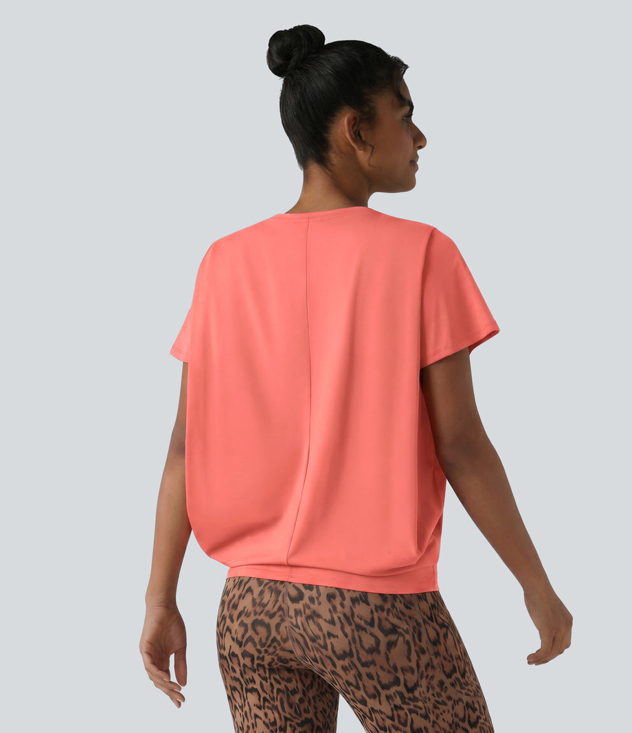 Round Neck Short Sleeve Ruched Cool Touch Yoga Sports Top-UPF50+ - Fusion Coral