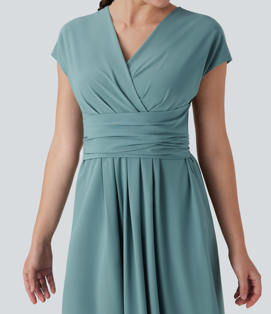 Breezeful™ V Neck Short Sleeve Pocket Tie Back Quick Dry Midi Casual Dress - Stone Blue