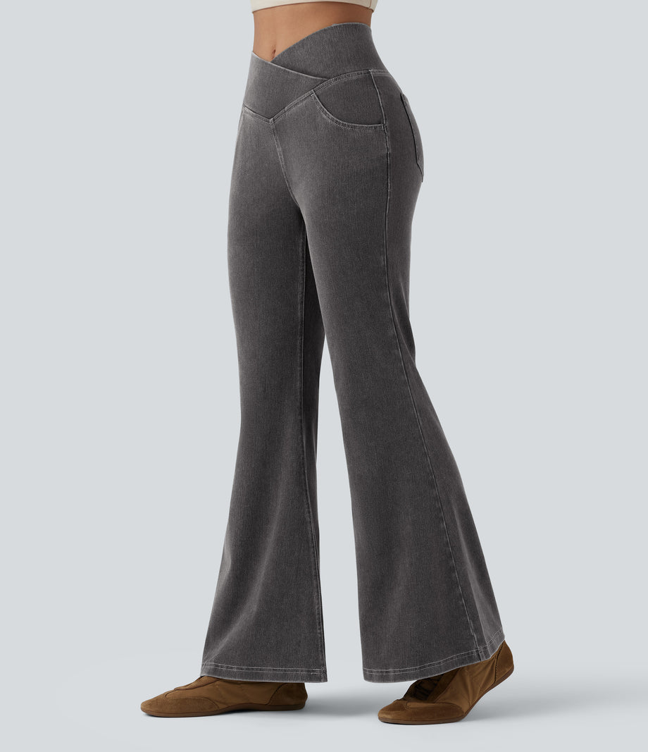 Halara Flex™ High Waisted Crossover Pocket Washed Casual Jeans - Cool Gray Denim