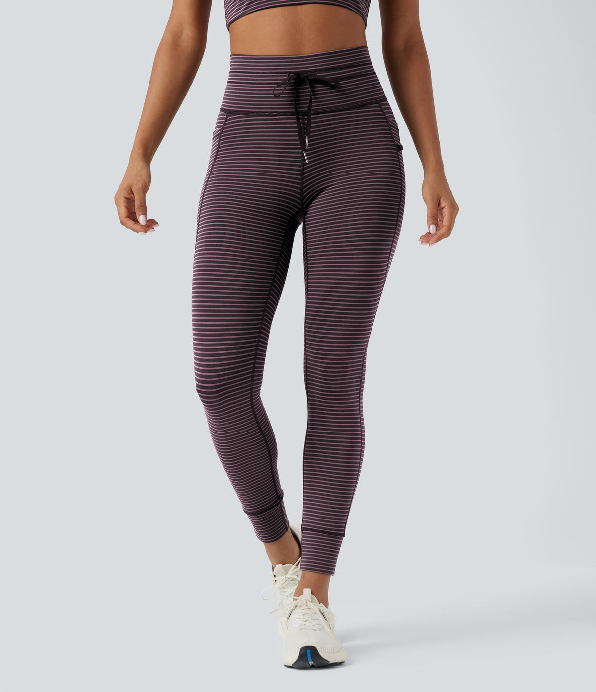 High Waisted Drawstring Striped Yoga Leggings with Pockets - Plum Ridge