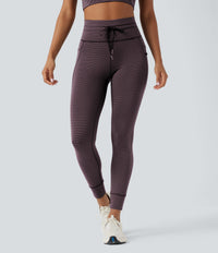 High Waisted Drawstring Striped Yoga Leggings with Pockets - Plum Ridge