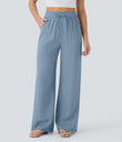 High Waisted Drawstring Pocket Wide Leg Baggy Casual Linen-Feel Pants - Mountain Spring