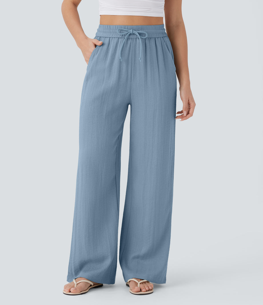 High Waisted Drawstring Pocket Wide Leg Baggy Casual Linen-Feel Pants - Mountain Spring