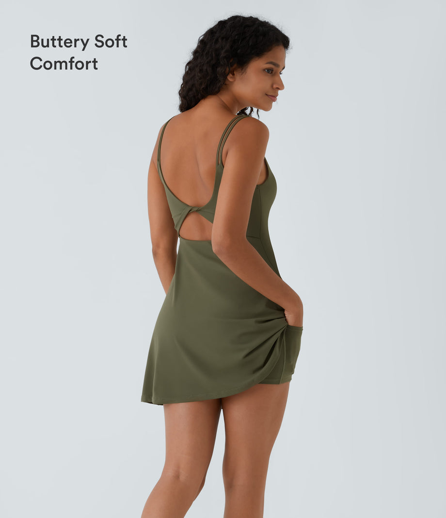 SoftlyZero™ Plush Double Straps 2-Piece Pocket Slip Dance Active Dress A-D Cups - Grass Grey Green