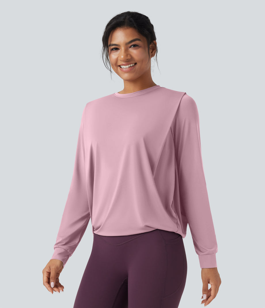 Round Neck Long Sleeve Ruched Yoga Sports Top-UPF50+ - Pink Nectar