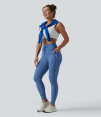 High Waisted Drawstring Striped Yoga Leggings with Pockets - Navy Stripe