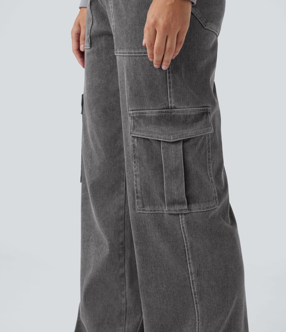 Halara Flex™ Mid Rise Pockets Straight Leg Casual Cargo Jeans - Cool Gray Denim