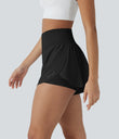 SoftlyZero™ QuickDry High Waisted Tummy Control Reflective Dots Crossover Hem 2-in-1 Running Shorts 3'' with Pockets - Black
