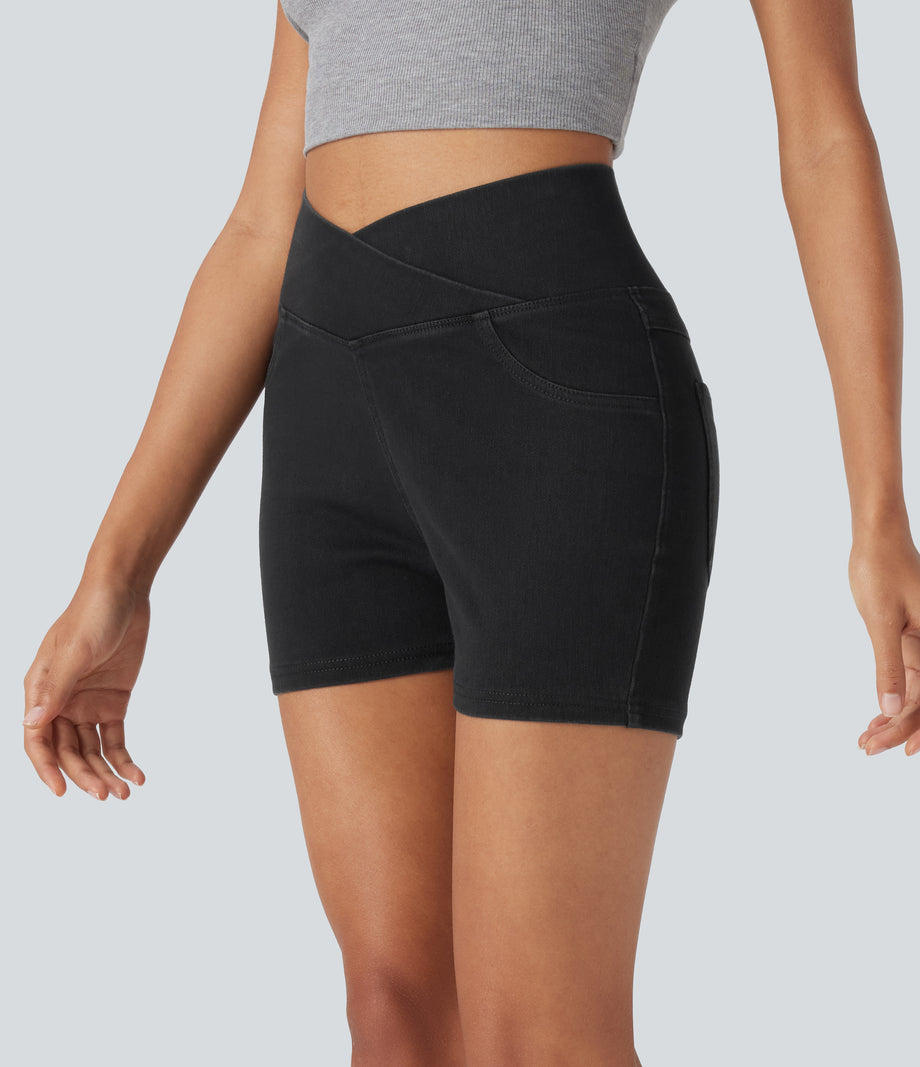 Halara Flex™ High Waisted Crossover Pocket Denim Casual Shorts 3" - Black Denim