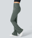 High Waisted Side Flap Pocket Flare Casual Cargo Pants - Deep Aquamarine