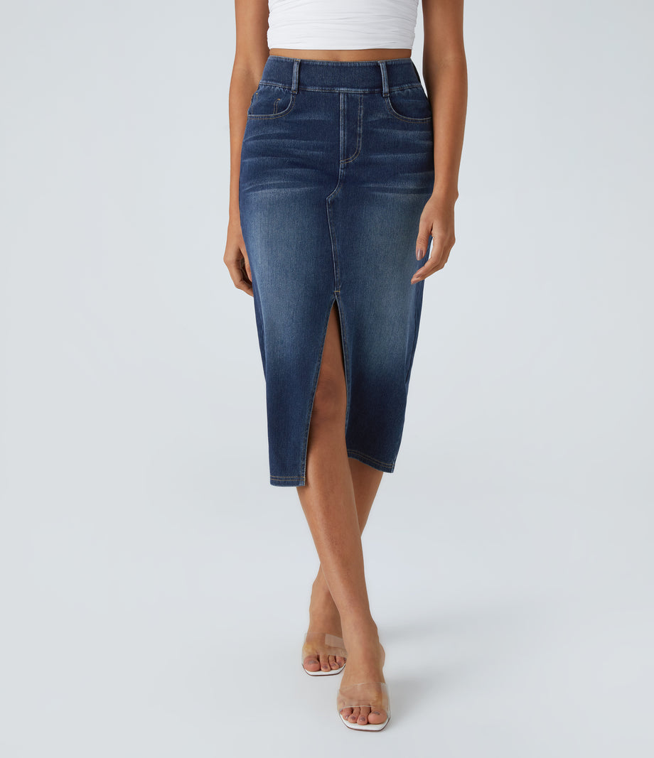 Halara Flex™ High Waisted Pockets Bodycon Washed Denim Casual Midi Skirt - Bright Blue Denim