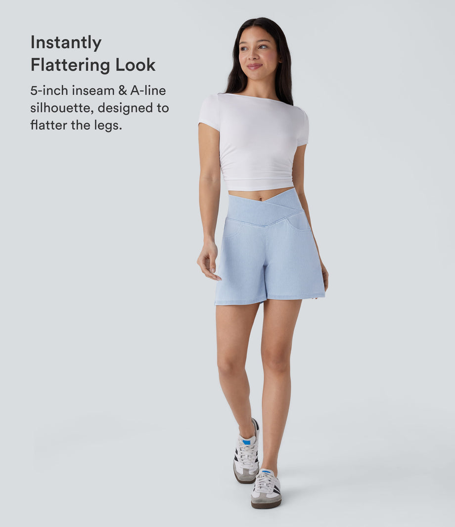 Halara Flex™ Crossover High Waisted Pockets Wide Leg A Line Washed Denim Casual Shorts - Washed Denim Sunny Blue