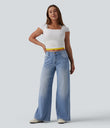 Halara Flex™ Low Rise Zipper Pockets Washed Baggy Wide Leg Casual Jeans - Malibu Blue Denim