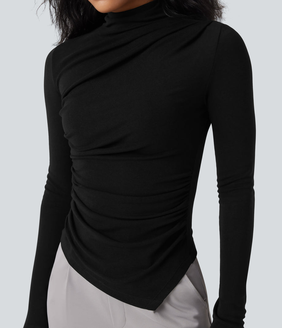 Mock-neck Long Sleeve Ruched Asymmetric Hem Thermal Casual Top - Black