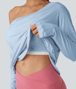 One Shoulder Long Sleeve Thumb Hole Curved Hem High Low Quick Dry Yoga Sports Top-Built-in Bra - Angel Falls