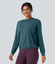 Round Neck Long Sleeve Ruched Yoga Sports Top-UPF50+ - Hydro