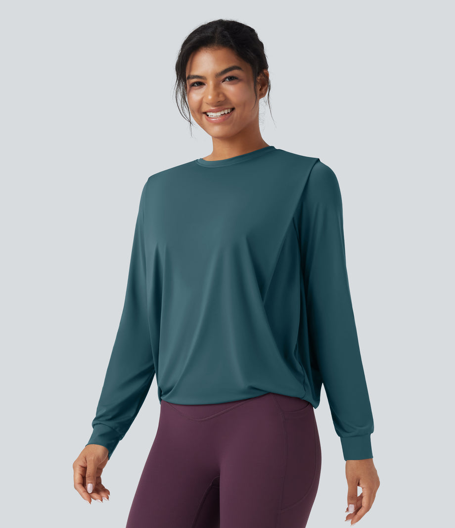 Round Neck Long Sleeve Ruched Yoga Sports Top-UPF50+ - Hydro
