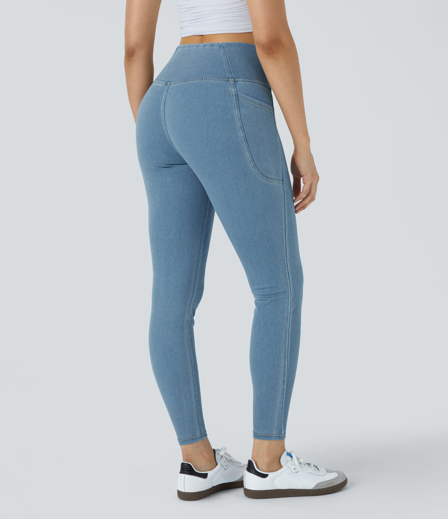 Halara Flex™ Crossover Pocket Washed Denim Work Leggings - Washed Denim Sunny Blue