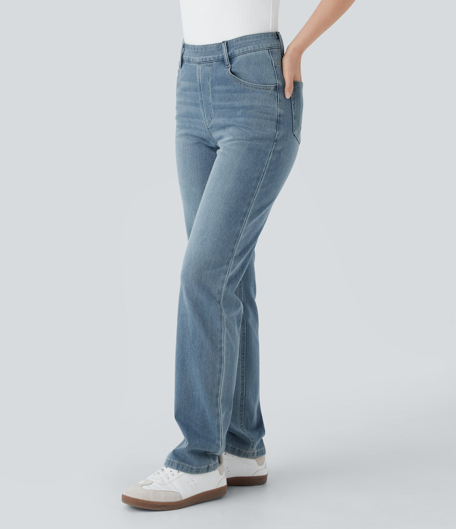 Halara Flex™ High Waisted Pockets Straight Leg Washed Casual Jeans - Cedar Blue Denim