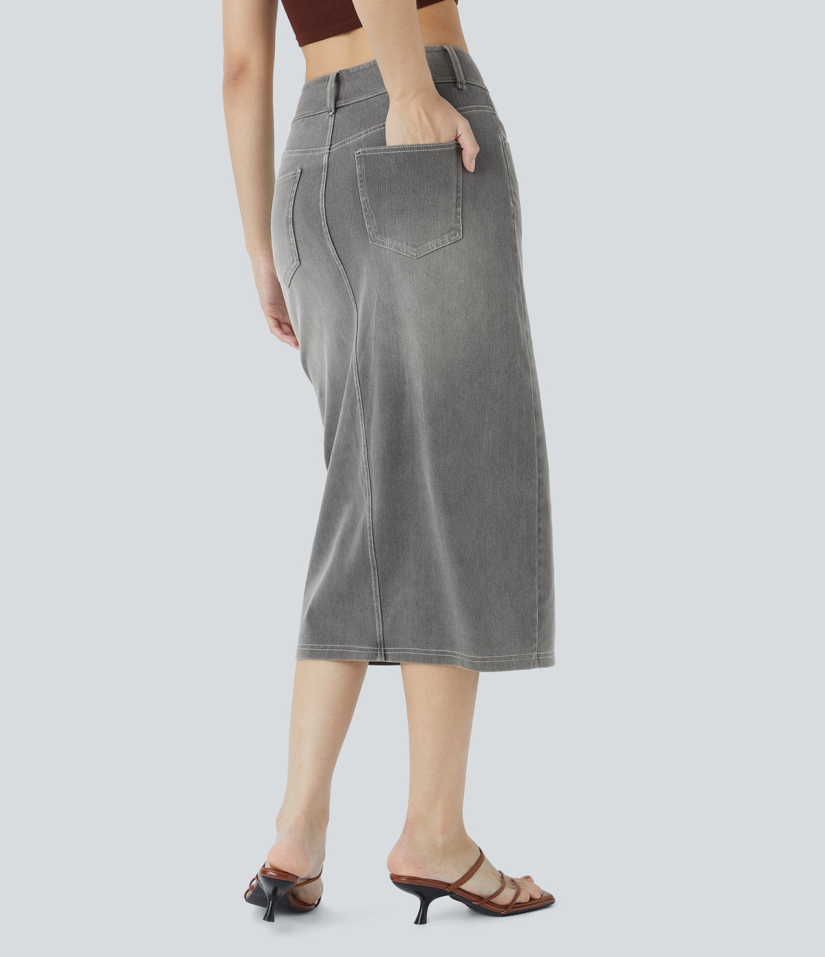 Halara Flex™ High Waisted Pockets Bodycon Washed Denim Casual Midi Skirt - Black Iron Gray Denim