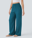 High Waisted Drawstring Pocket Wide Leg Baggy Casual Linen-Feel Pants - Crystal Teal