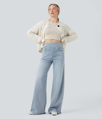 Halara Flex™ High Waisted Stripe Wide Leg Flowy Washed Casual Jeans with Pockets - Ice Water Denim