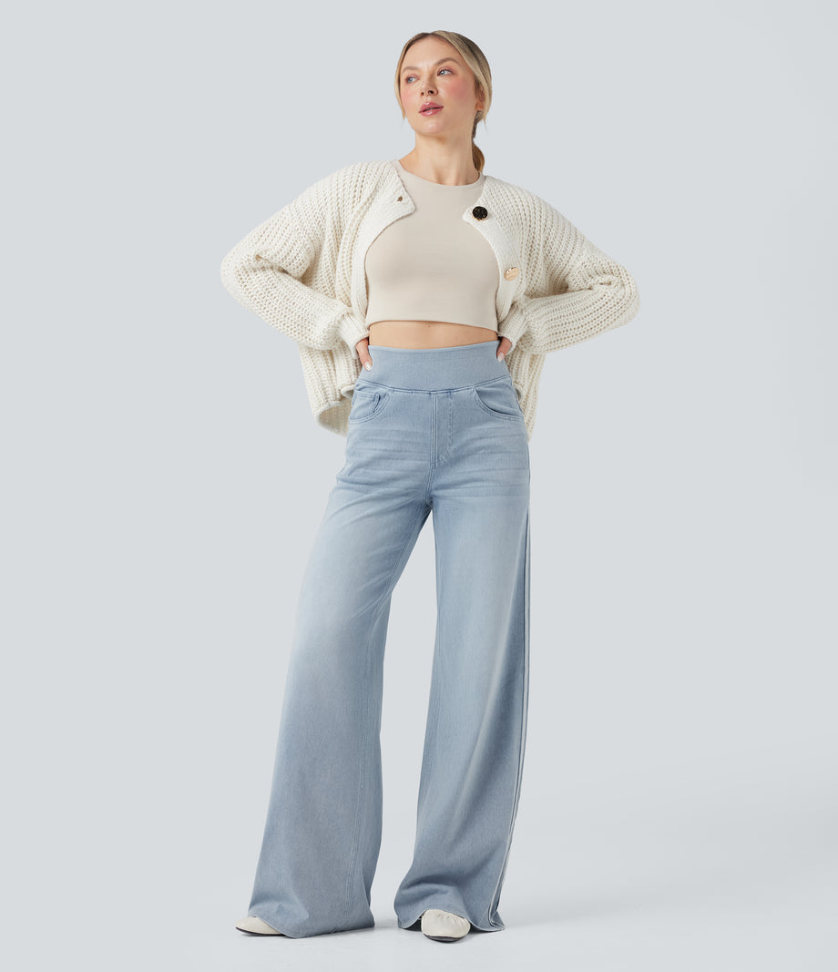 Halara Flex™ High Waisted Stripe Wide Leg Flowy Washed Casual Jeans with Pockets - Ice Water Denim
