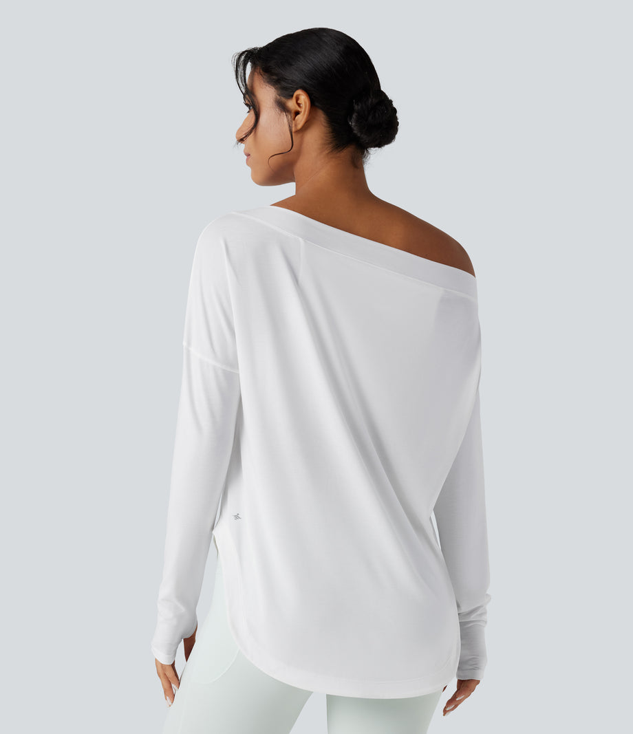 One Shoulder Long Sleeve Thumb Hole Curved Hem High Low Quick Dry Yoga Sports Top-Built-in Bra - White