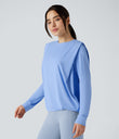 Round Neck Long Sleeve Ruched Yoga Sports Top-UPF50+ - Sky Blue
