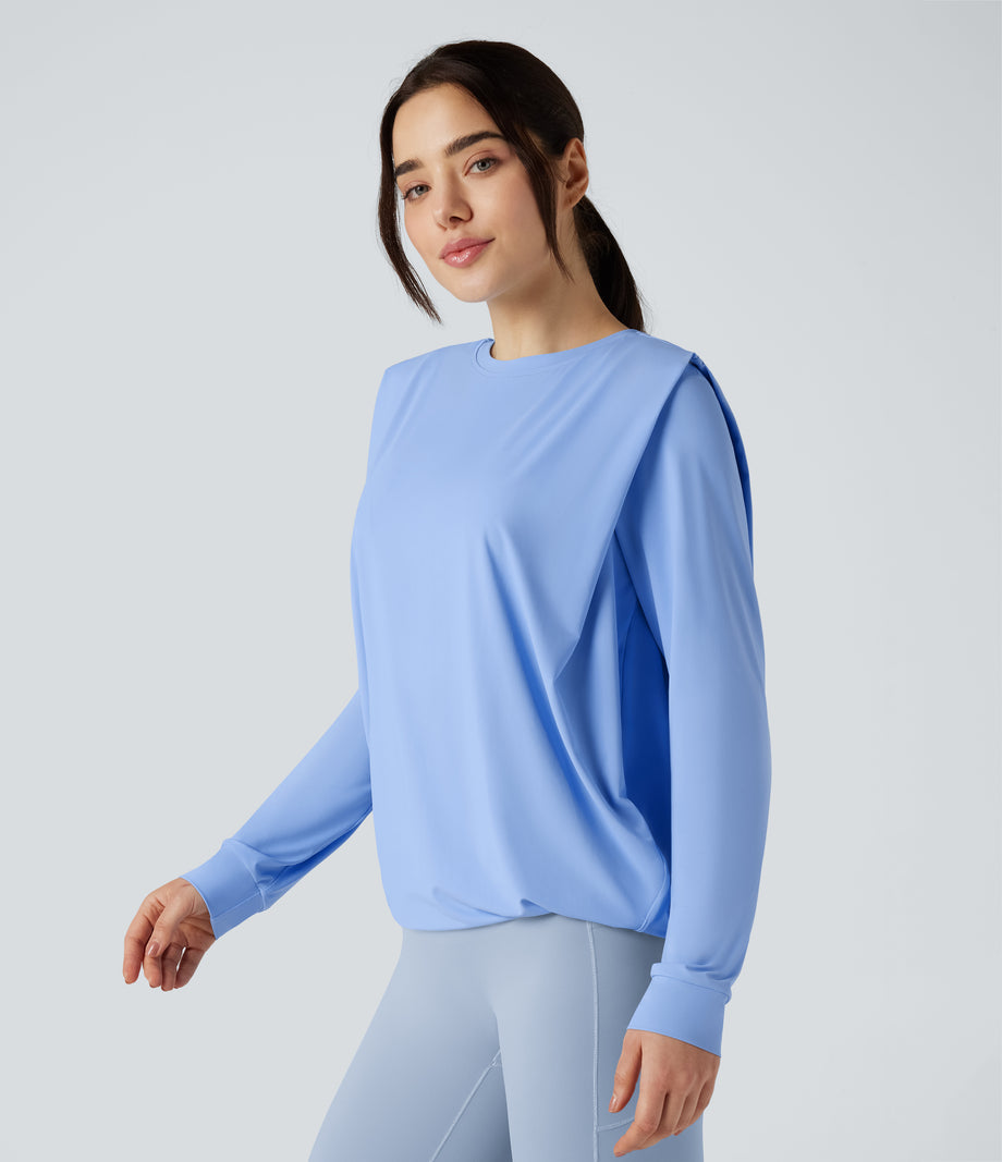 Round Neck Long Sleeve Ruched Yoga Sports Top-UPF50+ - Sky Blue