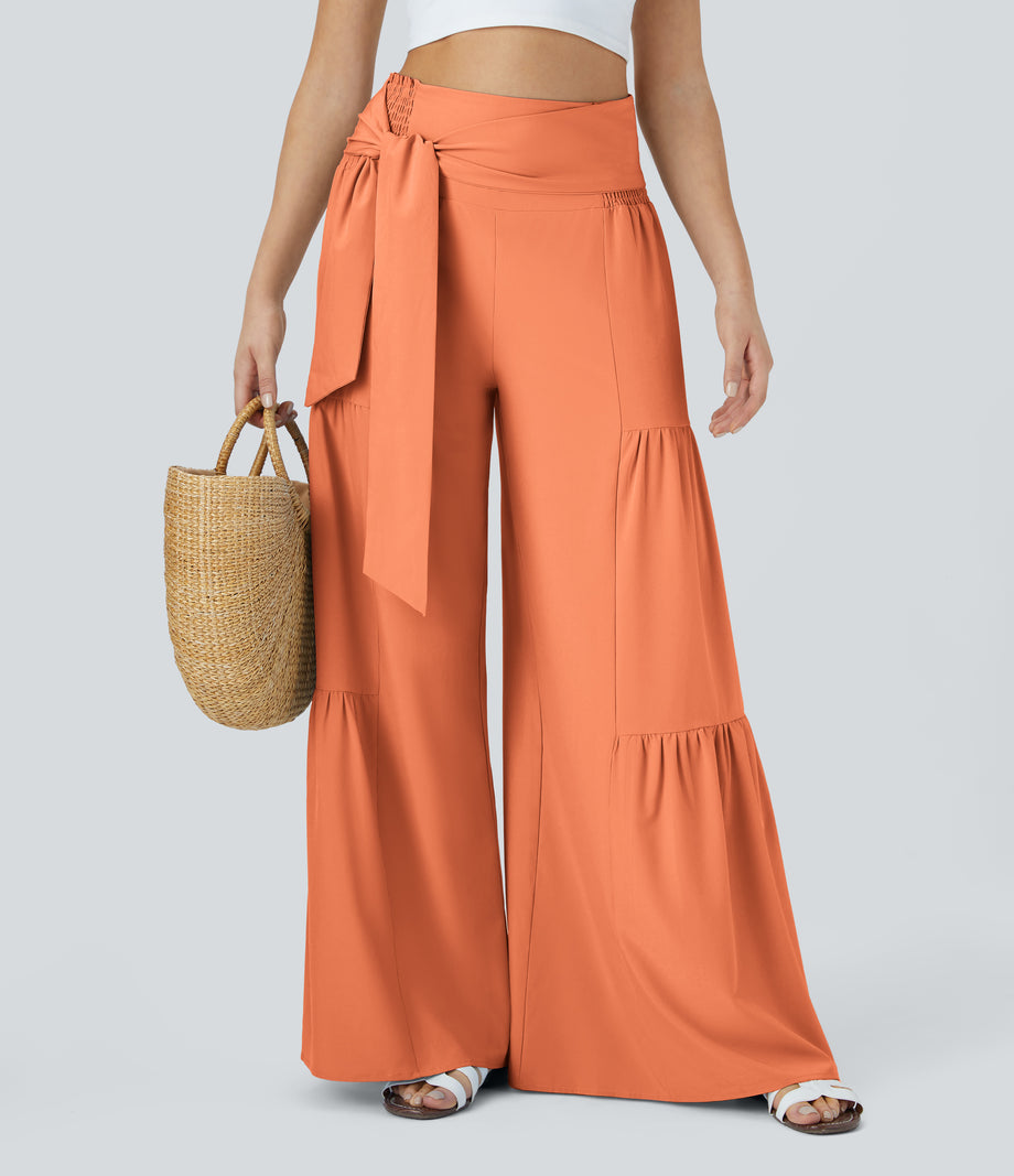Breezeful™ High Waisted Shirred Tie Front & Back Wide Leg Flowy Quick Dry Casual Pants - Blush Orange