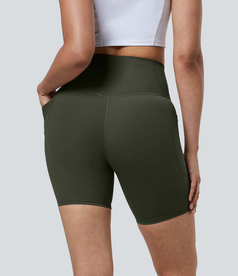 Halara UltraSculpt™ High Waisted Tummy Control Pocket Shaping Training Biker Shorts 7'' - Deep Woodland Green