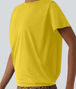 Round Neck Short Sleeve Ruched Cool Touch Yoga Sports Top-UPF50+ - Mango Mint