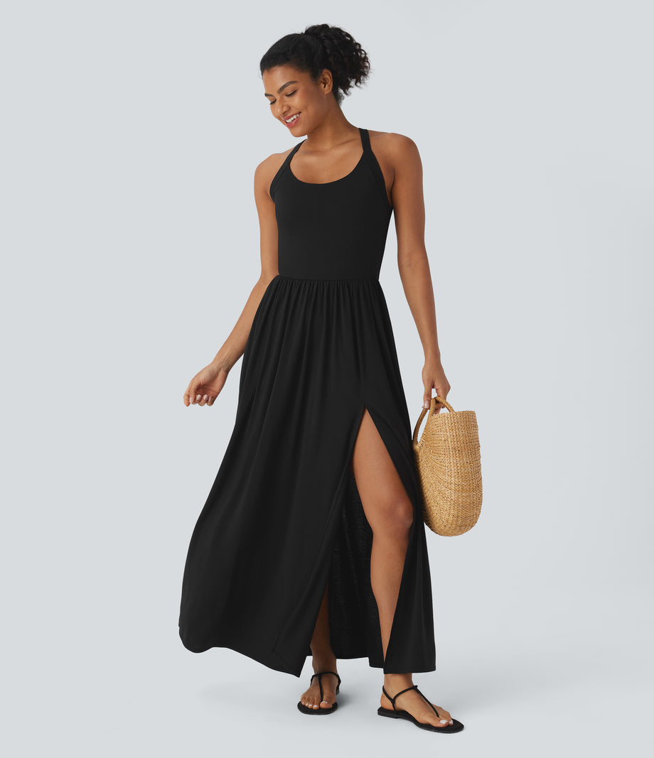 Twisted Backless Split Flowy Maxi Resort Dress with Pockets - Black
