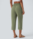 High Waisted Zipper Pocket Cropped Linen-Feel Pants - Catkin Green