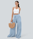 Breezeful™ High Waisted Shirred Tie Front & Back Wide Leg Flowy Quick Dry Casual Pants - Thin Ice Blue