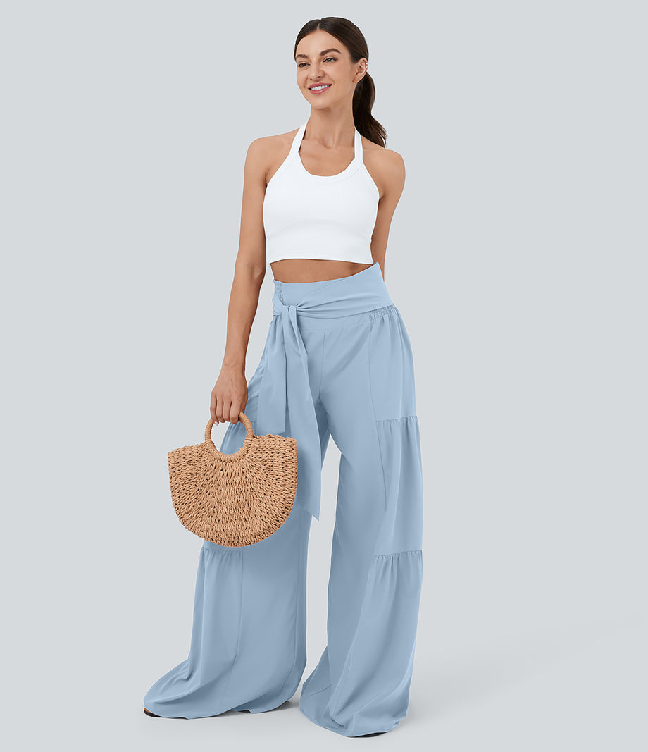 Breezeful™ High Waisted Shirred Tie Front & Back Wide Leg Flowy Quick Dry Casual Pants - Thin Ice Blue