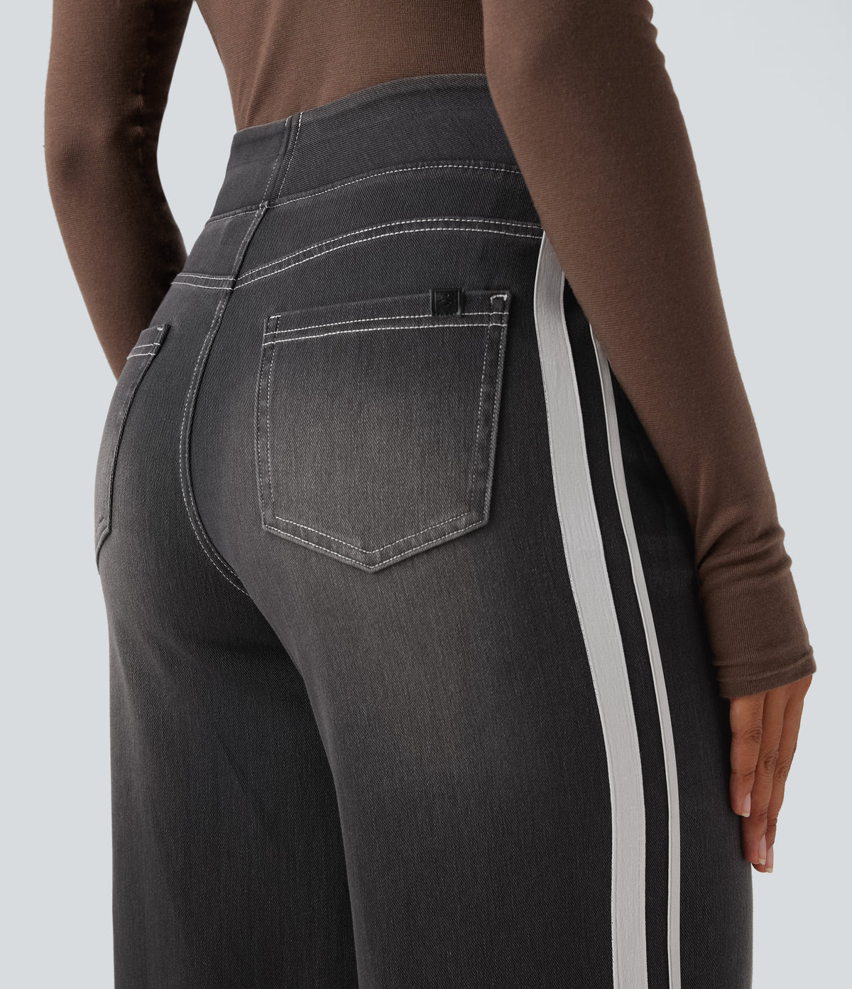 Halara Flex™ High Waisted Stripe Wide Leg Flowy Washed Casual Jeans with Pockets - Poppy Seed Denim