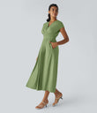 Breezeful™ V Neck Short Sleeve Pocket Tie Back Quick Dry Midi Casual Dress-Longer Length - Hot Wasabi - Green