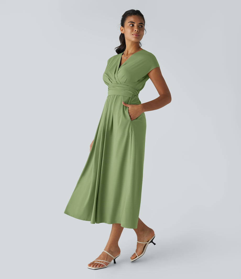 Breezeful™ V Neck Short Sleeve Pocket Tie Back Quick Dry Midi Casual Dress-Longer Length - Hot Wasabi - Green