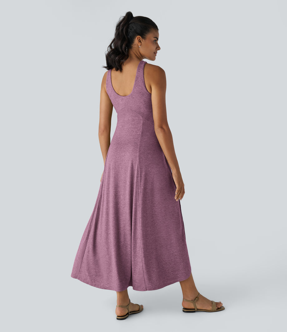 U Neck Flowy Maxi Casual Tank Dress - Red Violet Floral Yarn