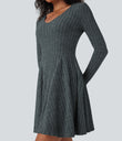 Ribbed Knit V Neck Long Sleeve Flare Mini Casual Dress with Pockets - Mottled Grey Blue
