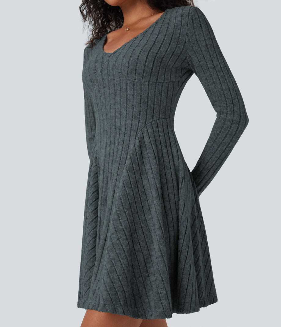 Ribbed Knit V Neck Long Sleeve Flare Mini Casual Dress with Pockets - Mottled Grey Blue