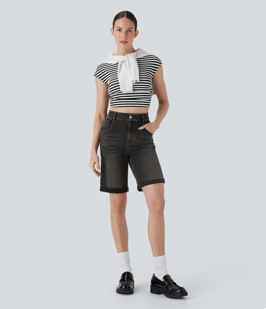 Halara Flex™ High Waisted Pockets Rolled Hem Washed Denim Casual Bermuda Shorts - Phantom Denim