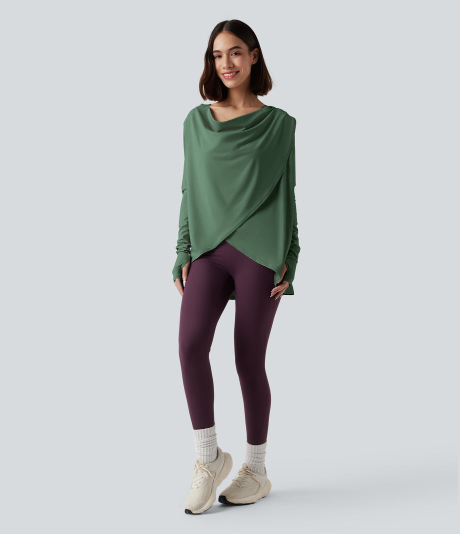 Hooded Cowl Neck Long Sleeve Thumb Hole Yoga Sports Top with Pockets - Dark Ivy